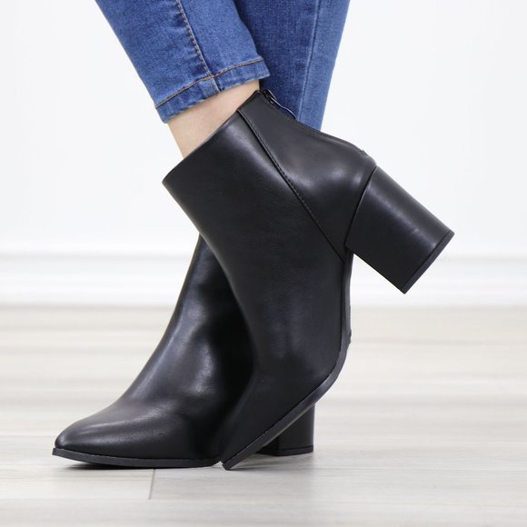 Block Low Heel Above Ankle Boots Pointed Toes Black Synthetic Leather - Picture 10 of 12
